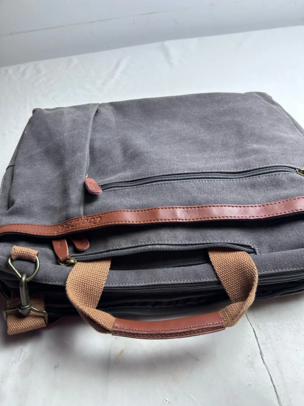 Coolbell Canvas Messenger Laptop Bag in Gray with Tan Accents